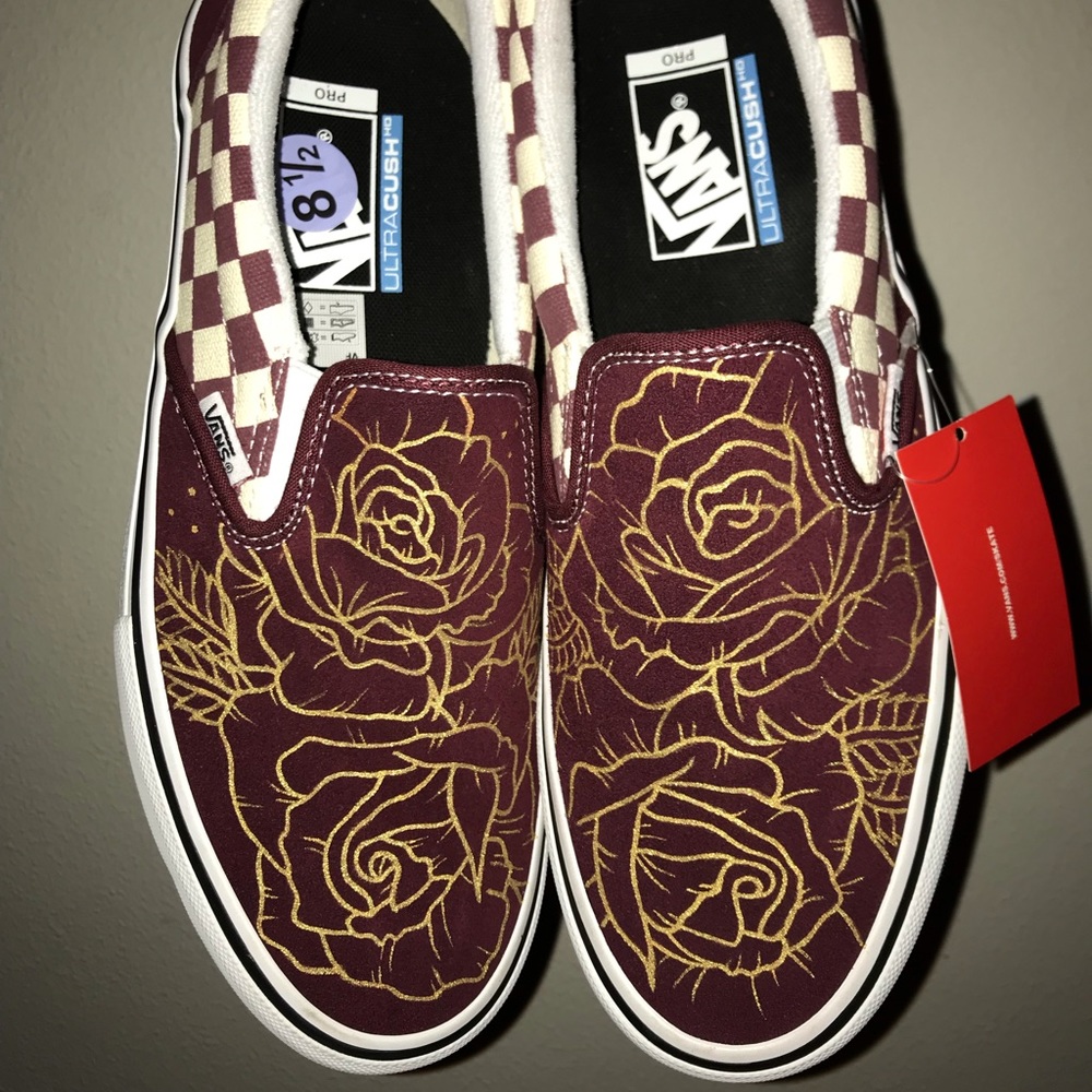 Custom hand painted rose gold checkered Vans shoes